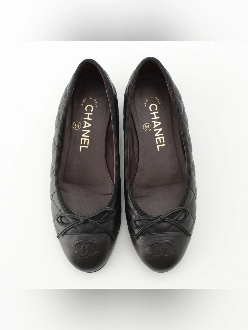 CHANEL Aged Calfskin Quilted CC Cap Toe Ballerina Flats / Size EU35